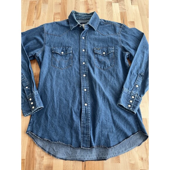 Wrangler Other - Wrangler Long Sleeve Dark Wash Denim Snap Work Shirt Western Cowboy Vintage XL